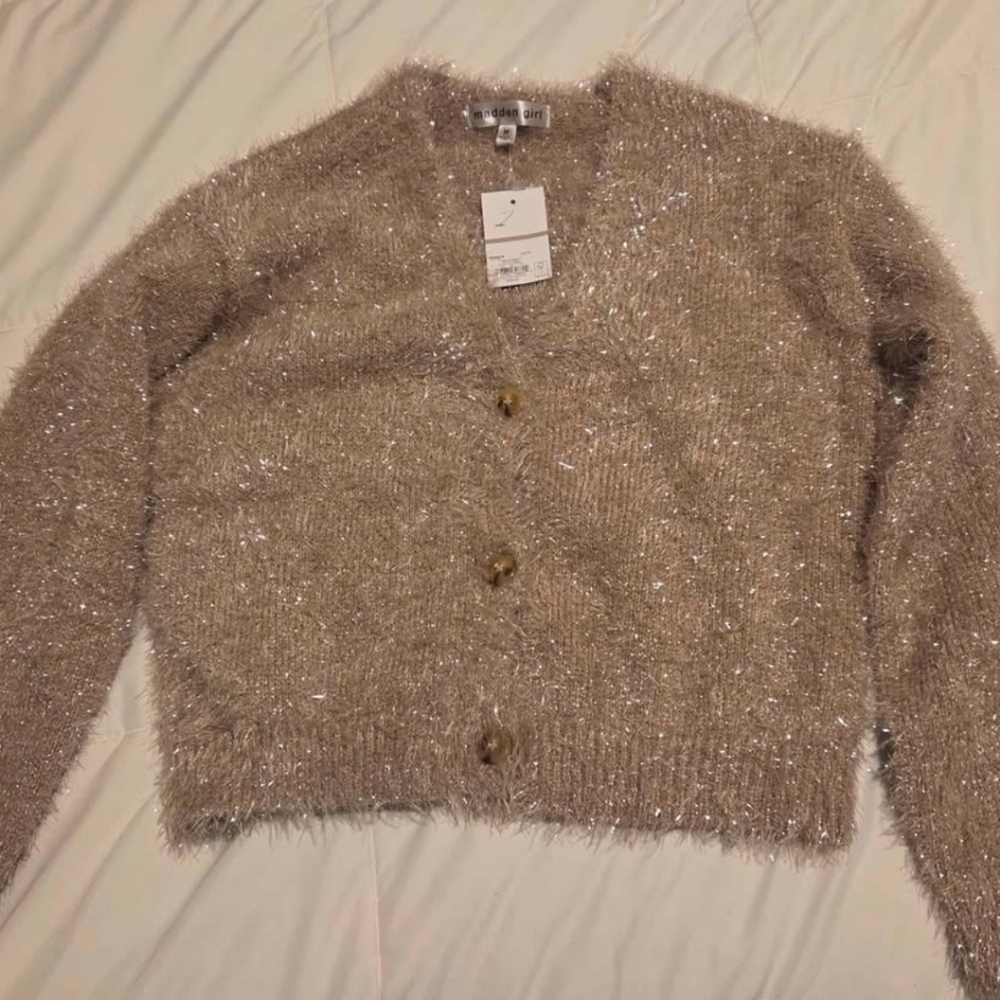 Madden Girl Shimmering Tan Fuzzy Cardigan New